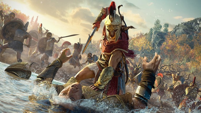 Kassandra from Assassin's Creed Odyssey in battle