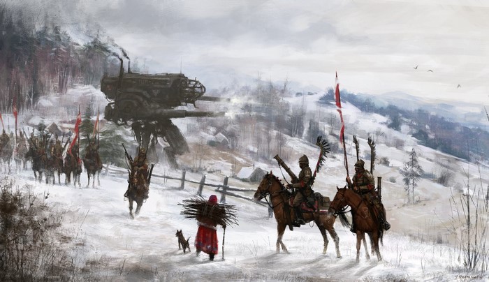 Iron Harvest mech and cavalry in a snowy landscape