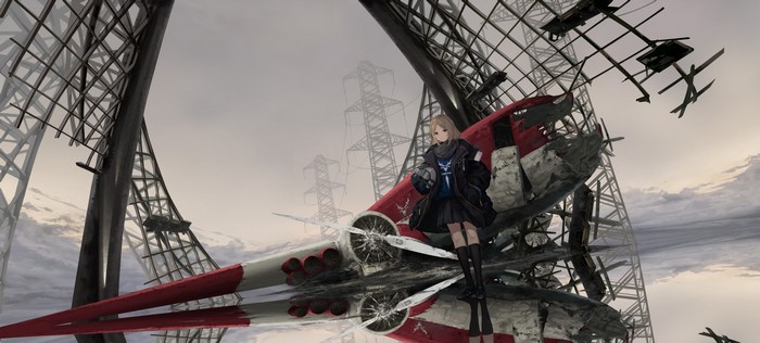 Anime girl standing by a crashed airplane near power lines