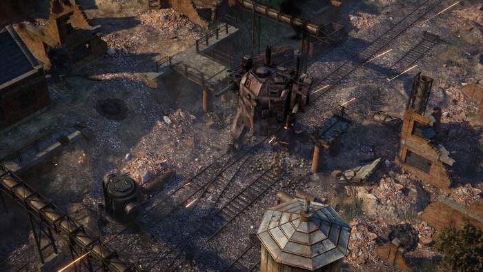 Mech in a ruined industrial area with train tracks