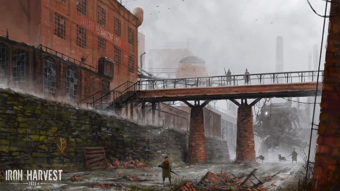 Soldiers and a mech in an industrial setting from Iron Harvest