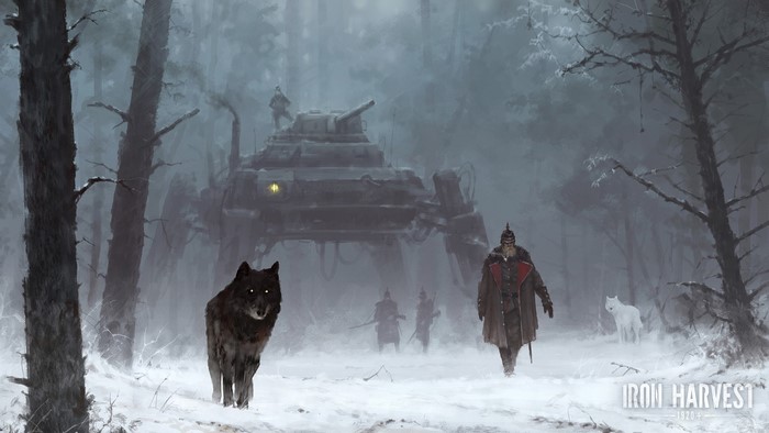 Soldiers and wolves near a mech in a snowy forest