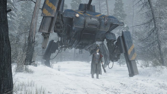 Soldier and mech in a snowy forest, Iron Harvest