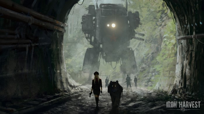 Rusviet soldier with wolf and mech in Iron Harvest