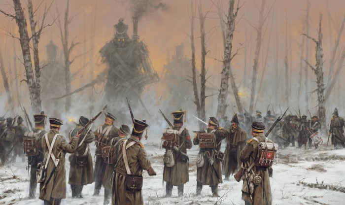 Soldiers facing giant mechs in a snowy forest