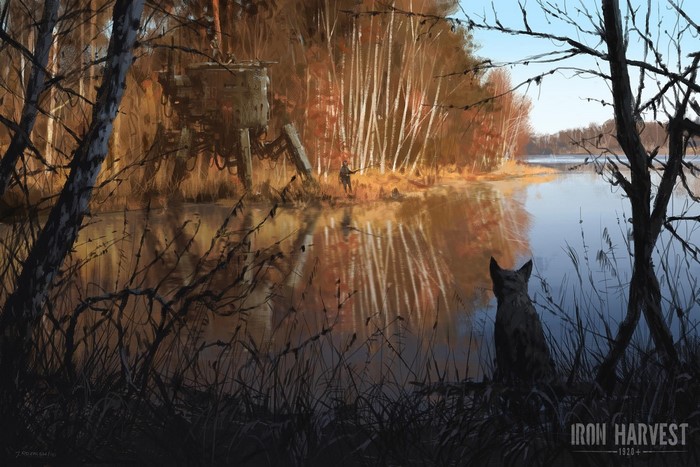 Mech and soldier by a lake in Iron Harvest