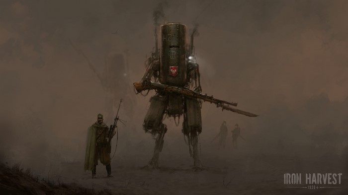 Mech and soldiers in Iron Harvest