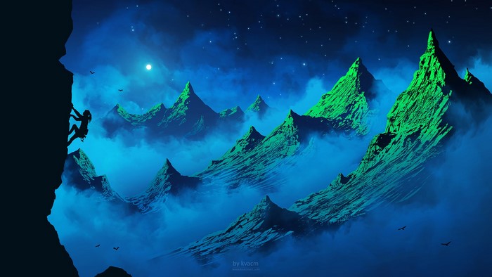 Silhouette of a woman rock climbing at night with mountains