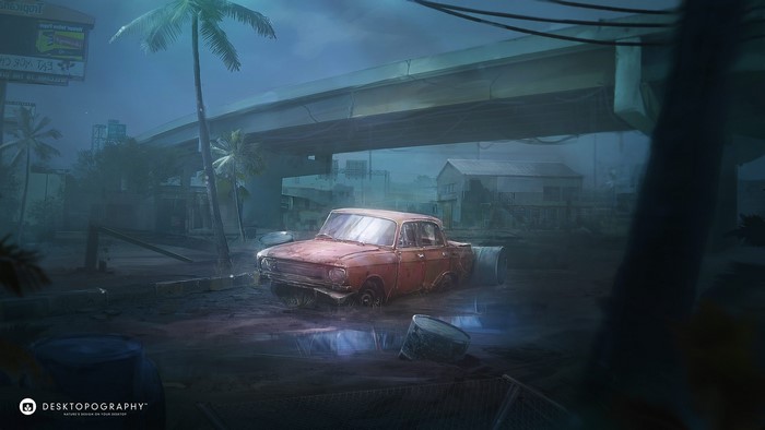 Abandoned city with car under bridge and palm trees