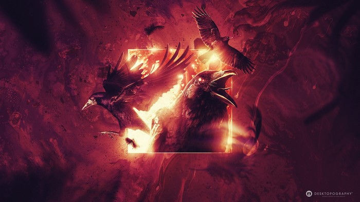 Three crows in a fiery, abstract digital art