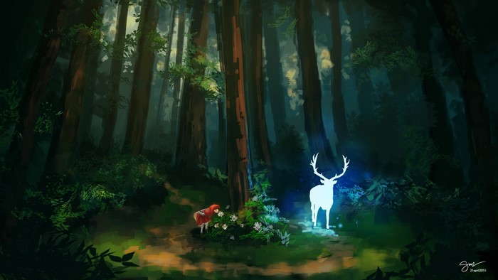 Little Red Riding Hood meets a glowing deer in a forest