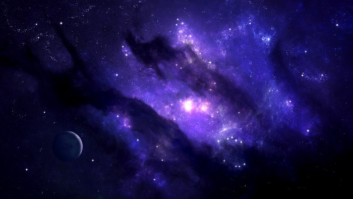Purple galaxy with stars and a planet