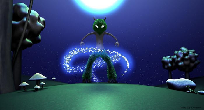 Green creature with glowing eyes and horns in a starry night