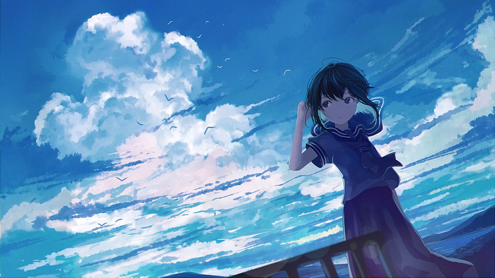 Anime girl in sailor uniform under blue sky with clouds