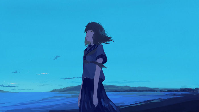 Anime girl in sailor uniform by the sea at dusk