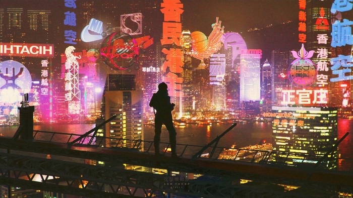 Cyberpunk cityscape with a lone figure