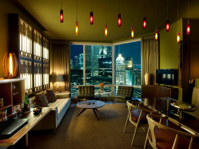 Luxury apartment living room with cityscape view