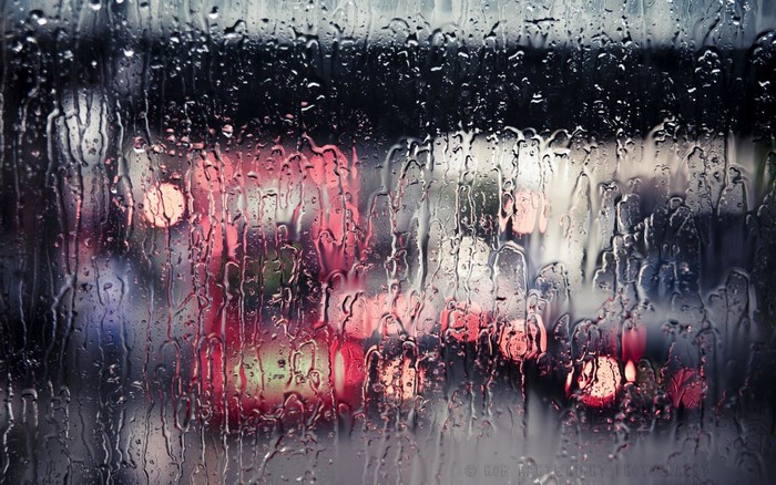 City lights through raindrops on a window
