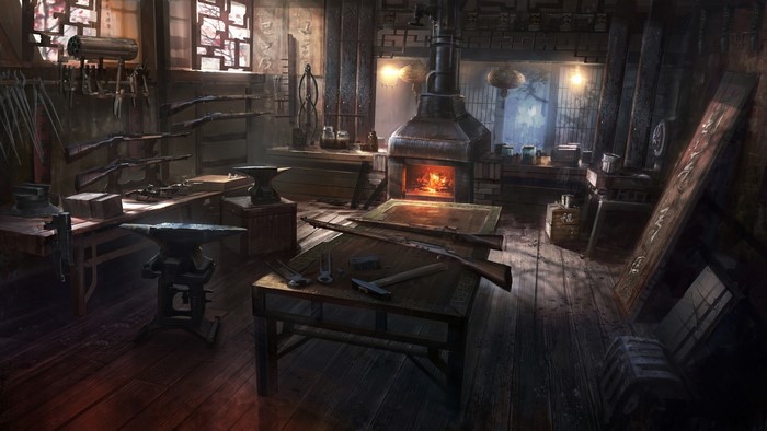 Oriental blacksmith shop with rifles and anvils