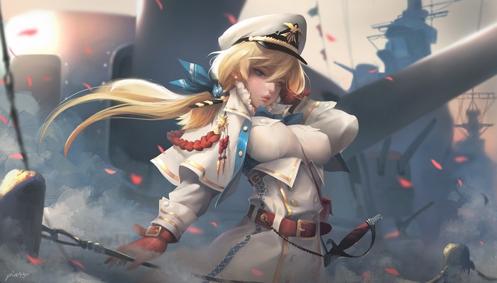 Blonde woman in naval uniform with sword