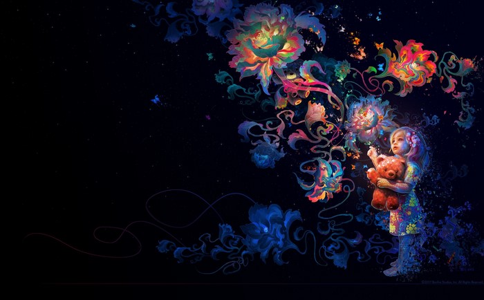 Girl with teddy bear and abstract flowers