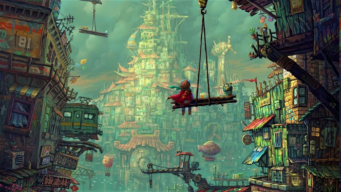 Fantasy city with a person on a swing