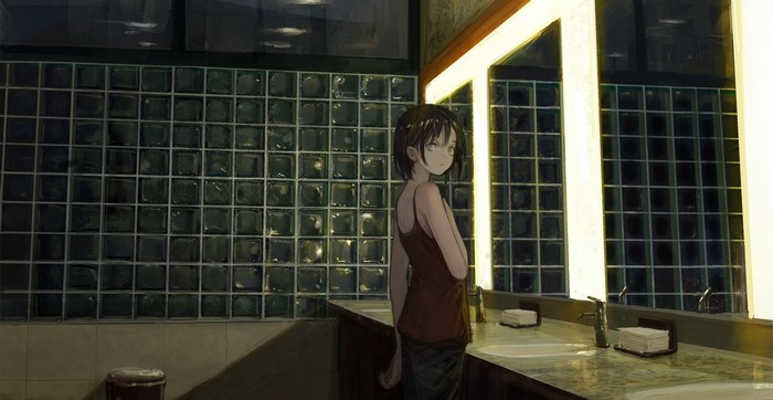 Girl in bathroom looking at viewer in mirror