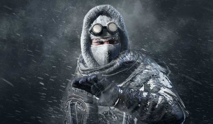 Frostpunk game art of a person in snow