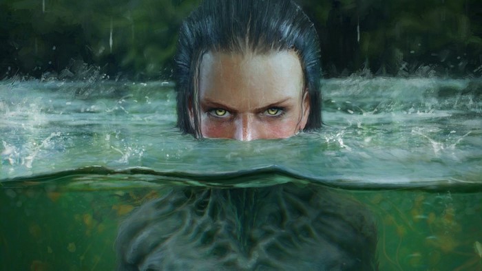 Woman emerging from green water