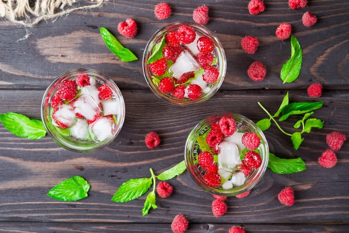 Raspberry and mint infused water with ice