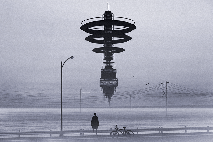 Monochrome digital art of a futuristic tower