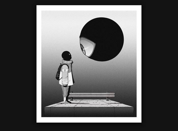 Oska and a giant eye in monochrome digital art