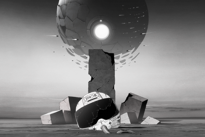 Monochrome anime art of a broken helmet and a large sphere