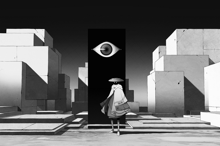 Monochrome anime art of Oska