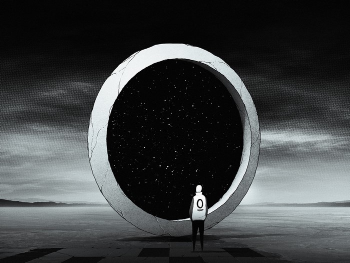 Man in front of a portal to space