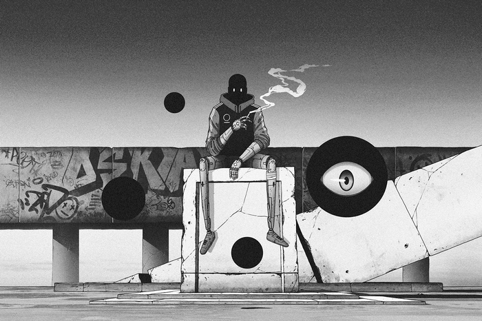 Robot smoking in a monochrome anime style