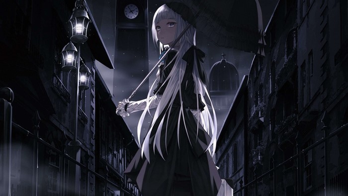 Anime girl with white hair and umbrella in dark city