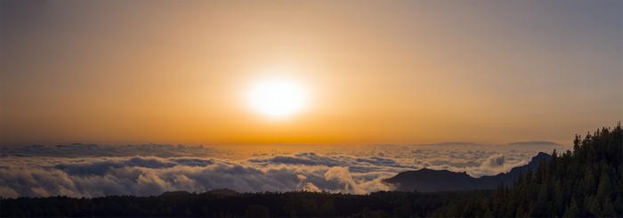 Panoramic sunset over clouds and forest