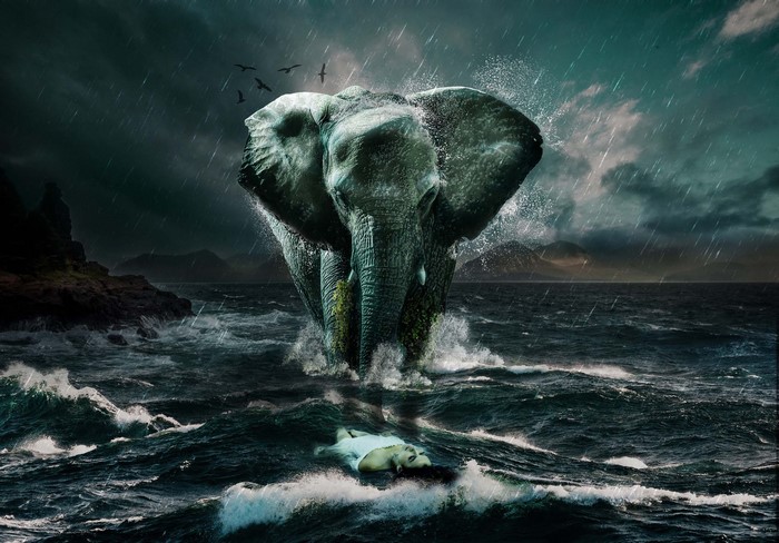 Elephant and woman in stormy sea