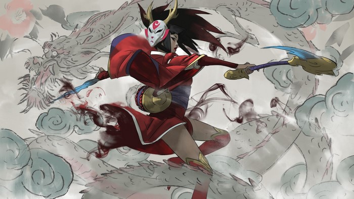 Akali from League of Legends with a dragon sketch