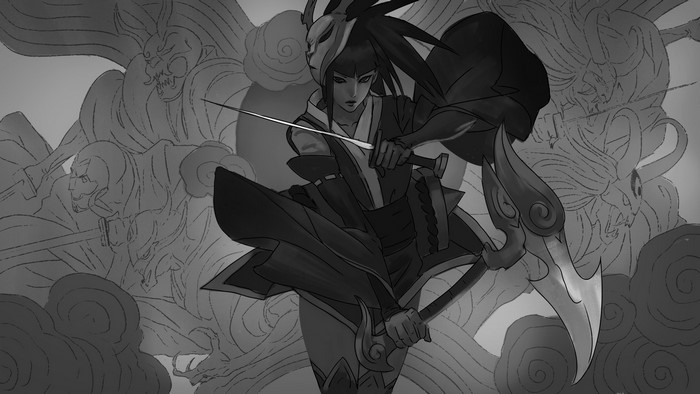 Akali from League of Legends with mask and scythe