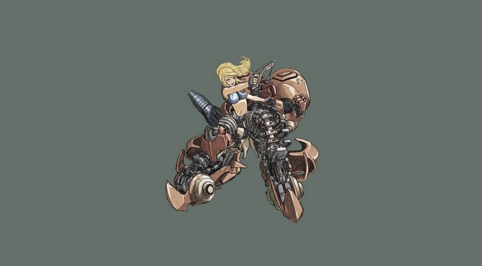 Samus Aran from Metroid riding a mech