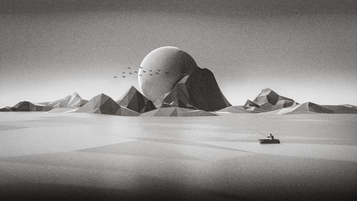 Man fishing in a boat with mountains and a large moon