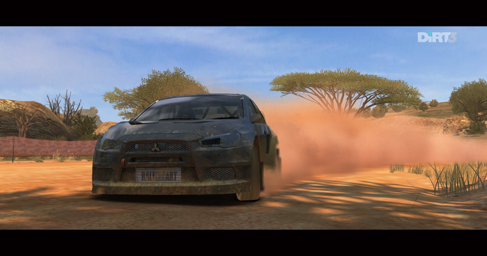 DiRT 3 Mitsubishi Lancer Evolution X rally car kicking up dust