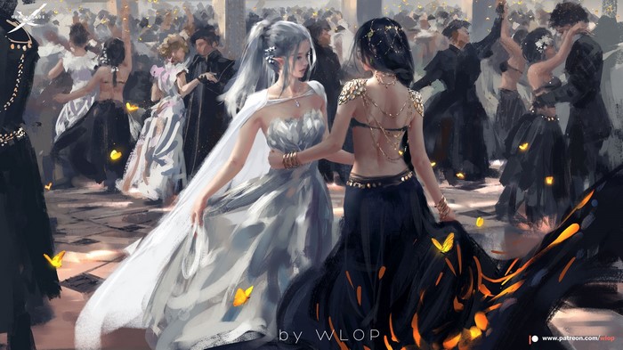 Anime girls dancing at a ball by WLOP