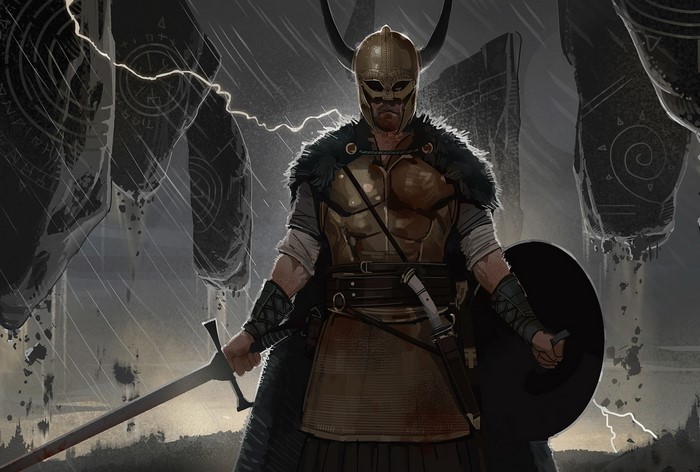Viking warrior with sword and shield in a storm