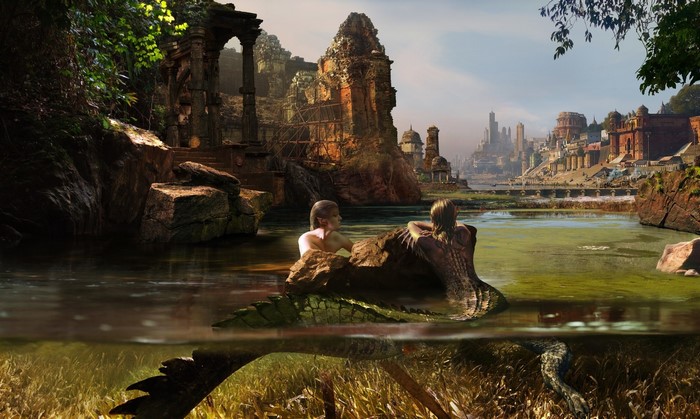 Fantasy art of mermaids and ancient ruins by a city