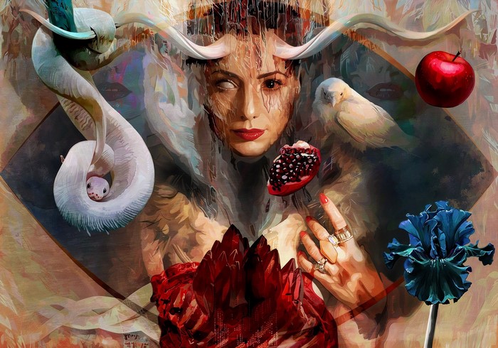Fantasy art of a woman with horns and a snake