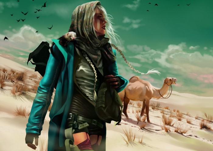 Woman with ferret and camel in desert