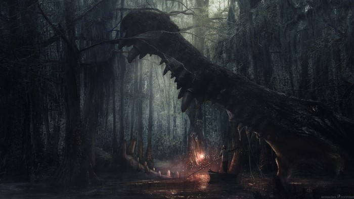 Giant creature's teeth loom over a person in a boat